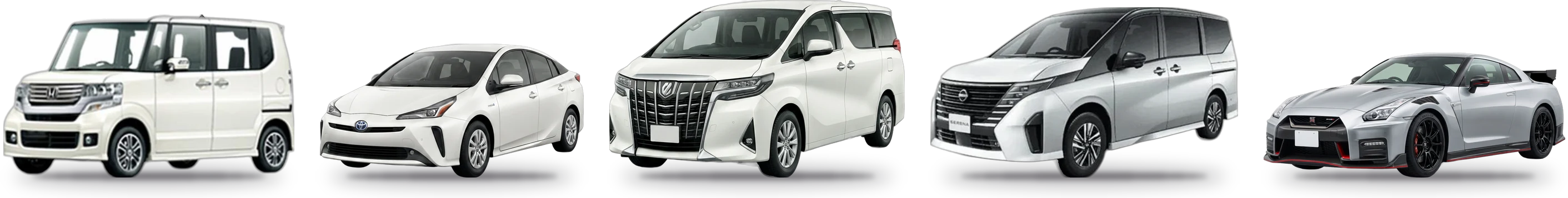 Rental car lineup: Alphard, Prius, N-Box, Serena, GT-R